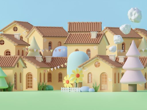 Townhome Colorful cartoon-style houses with trees and clouds in a bright, cheerful landscape.