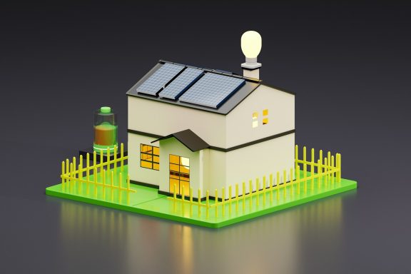 Proposed A model house with solar panels, a light bulb, and a small fence on a green base.