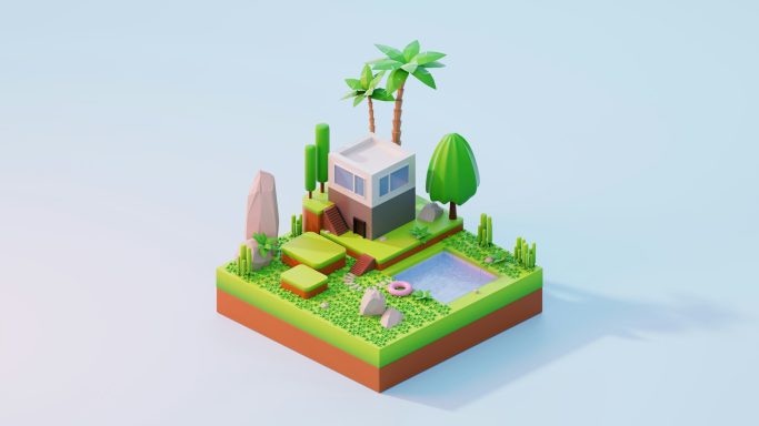 Estates A small, stylized landscape featuring a house, garden, trees, and a pond.